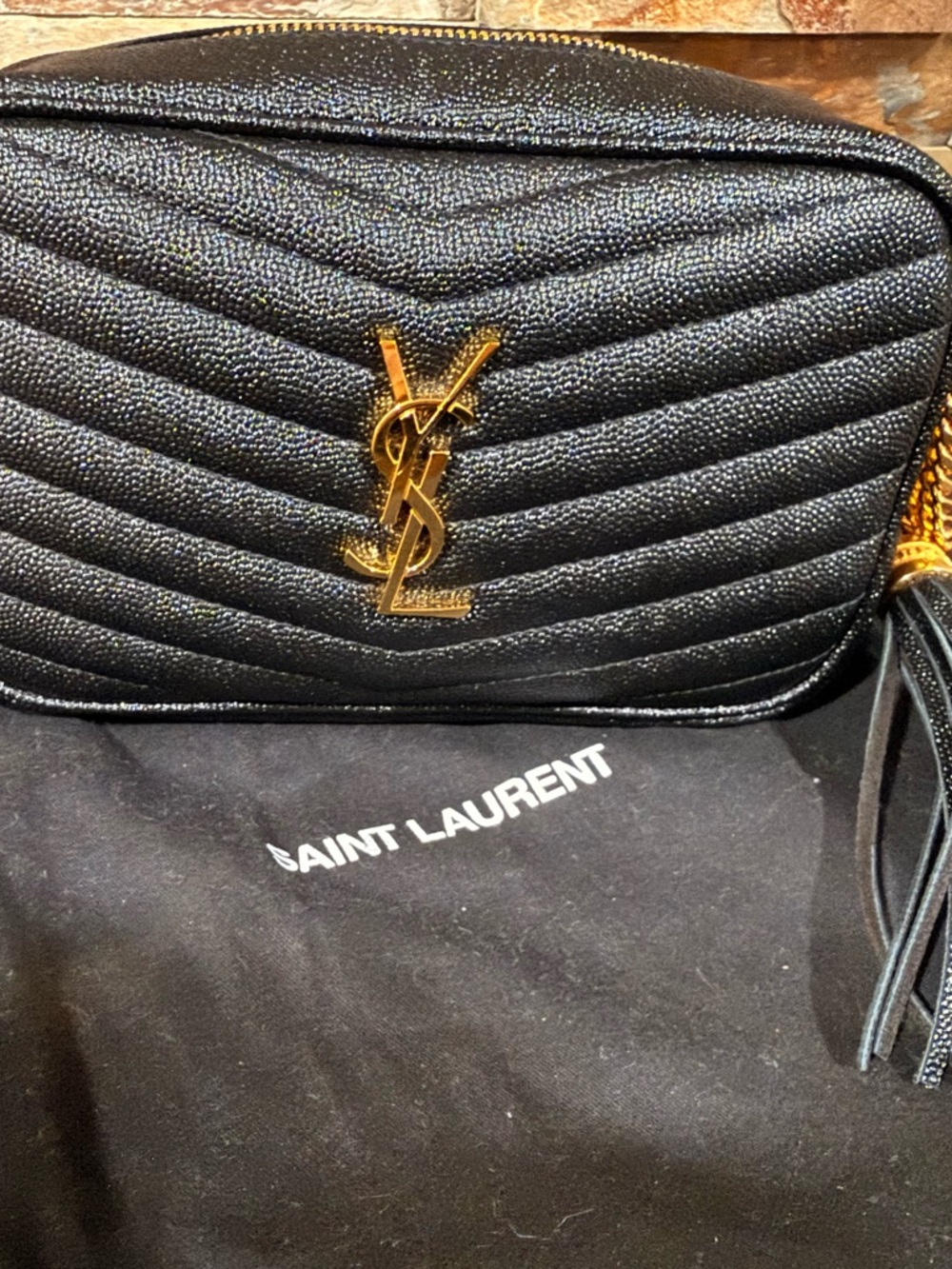 Saint Laurent Black Quilted Camera Crossbody with Gold YSL Logo